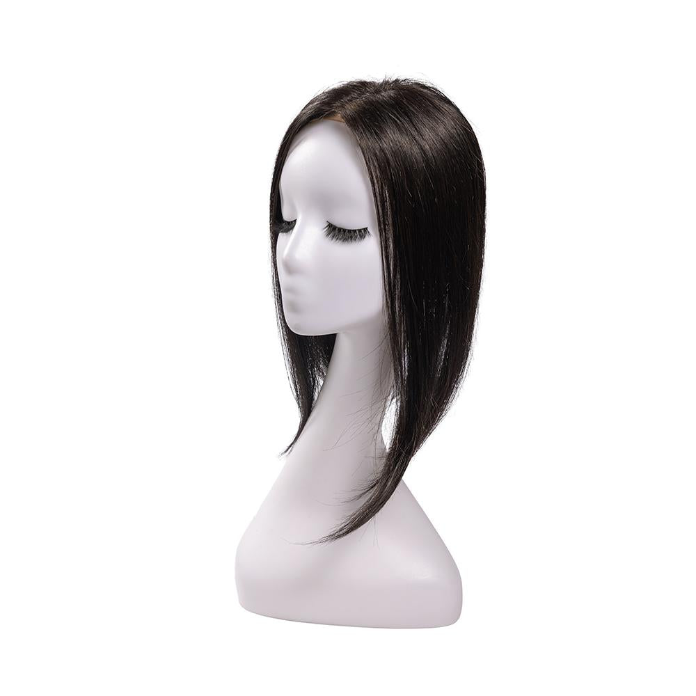 14-inch black straight hair topper on a mannequin, showing the parting and shape