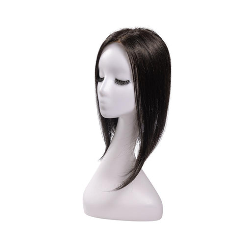 14-inch black straight hair topper on a mannequin, showing the parting and shape