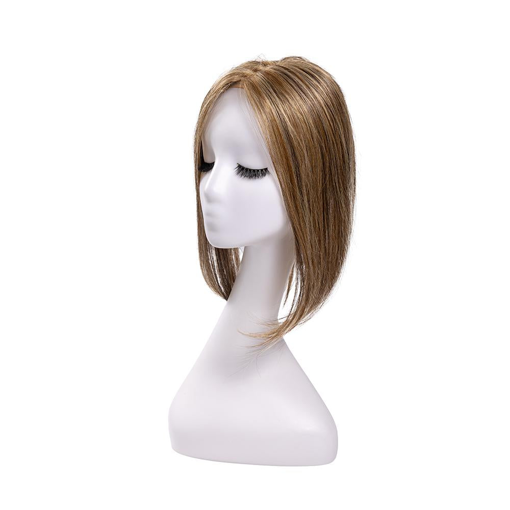 14-inch caramel brown straight hair topper on a mannequin, showing the parting and shape