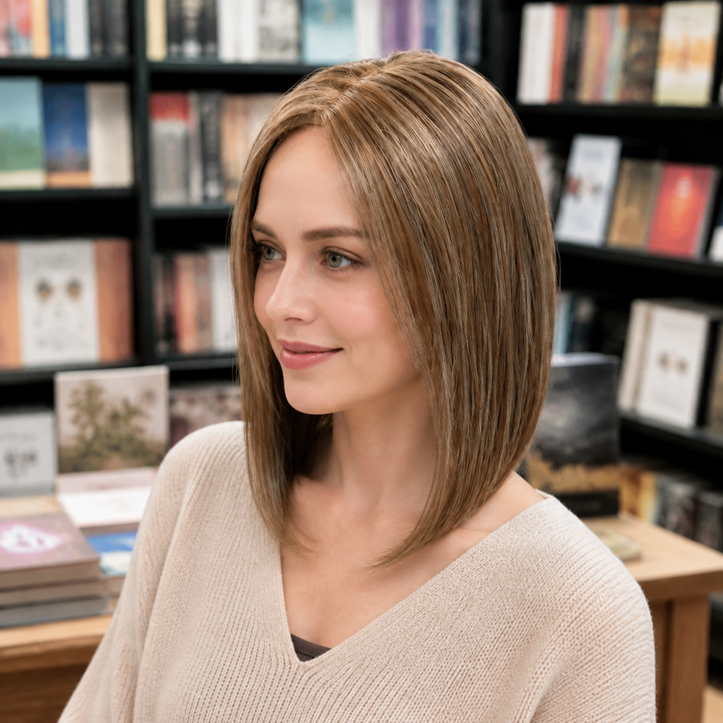 14-inch caramel brown straight hair topper worn in a bookshop
