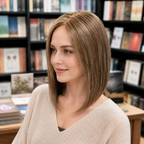 14-inch caramel brown straight hair topper worn in a bookshop