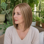 14-inch caramel brown straight hair topper worn on a garden patio