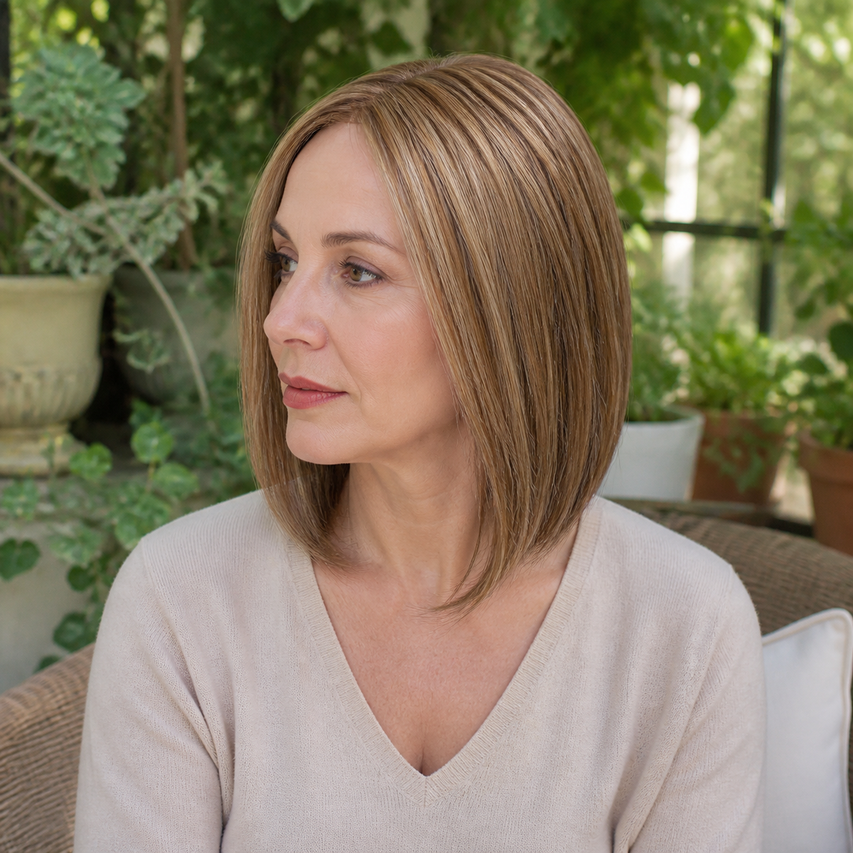 14-inch caramel brown straight hair topper worn on a garden patio