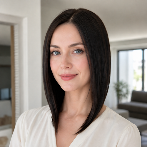 14-inch black straight hair topper worn in a living room