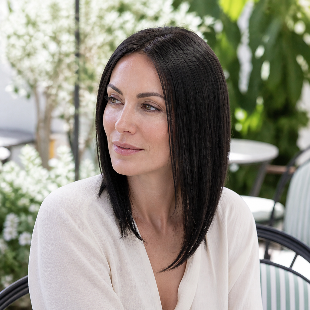 14-inch black straight hair topper worn on a garden terrace