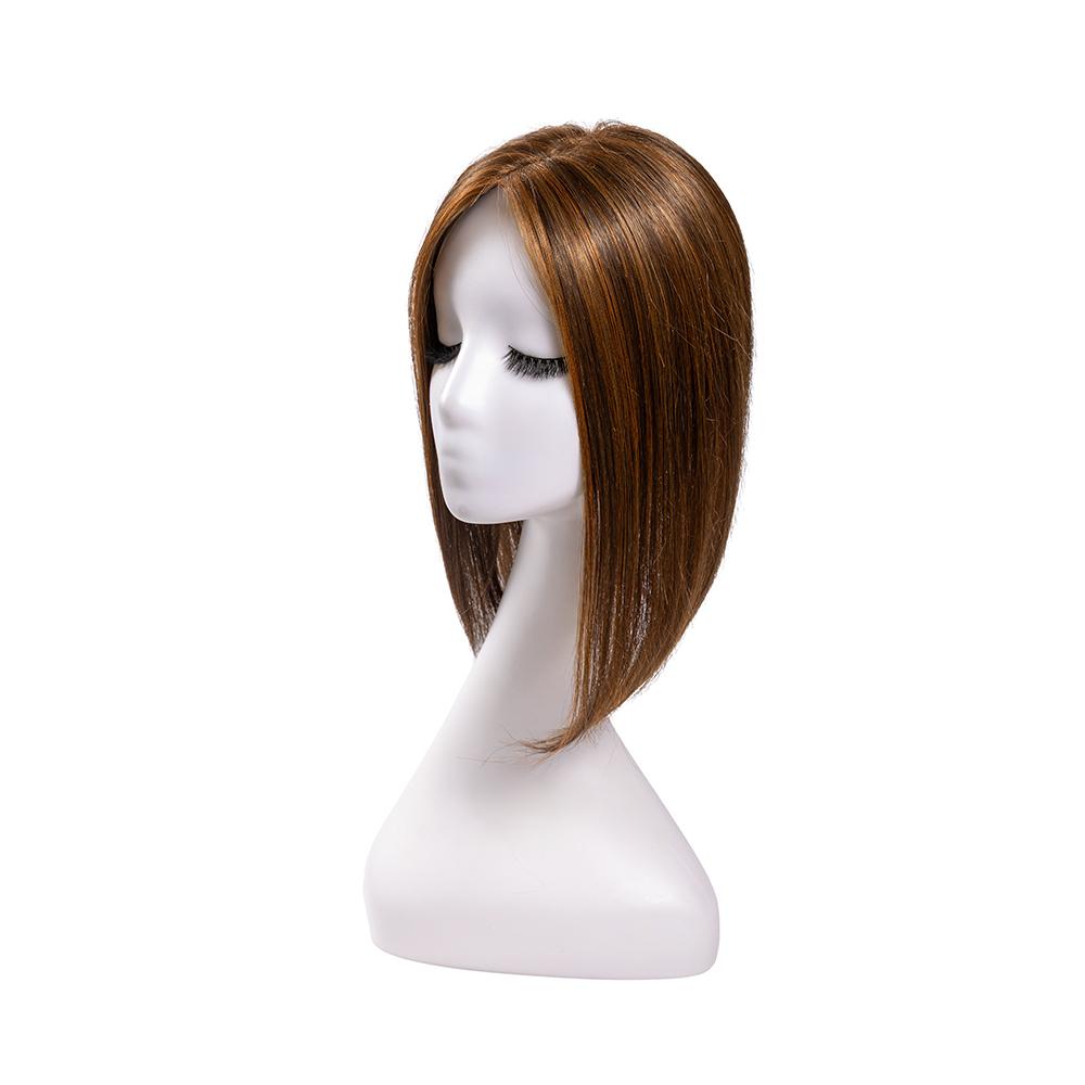 14-inch chocolate brown straight hair topper on a mannequin, showing the parting and shape