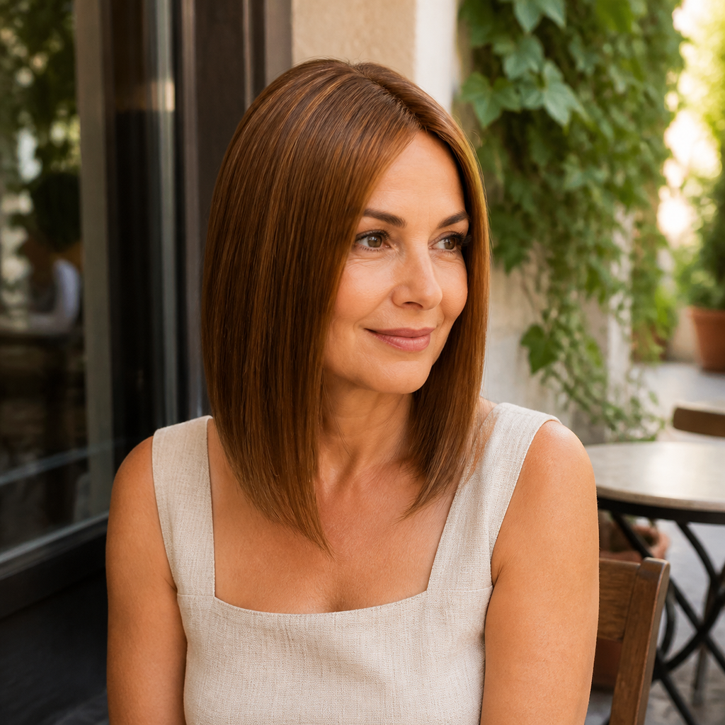 14-inch chocolate brown straight hair topper worn at an outdoor cafe