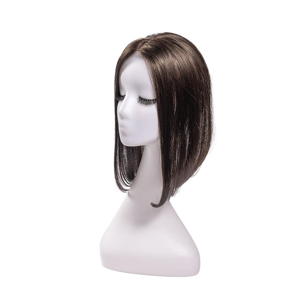 14-inch dark brown straight hair topper on a mannequin, showing the parting and shape