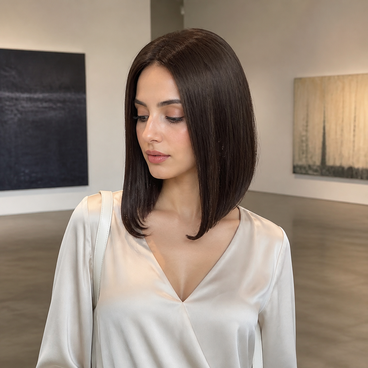 14-inch dark brown straight hair topper worn in an art gallery
