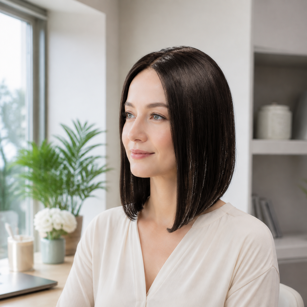 14-inch dark brown straight hair topper worn beside a window and houseplants