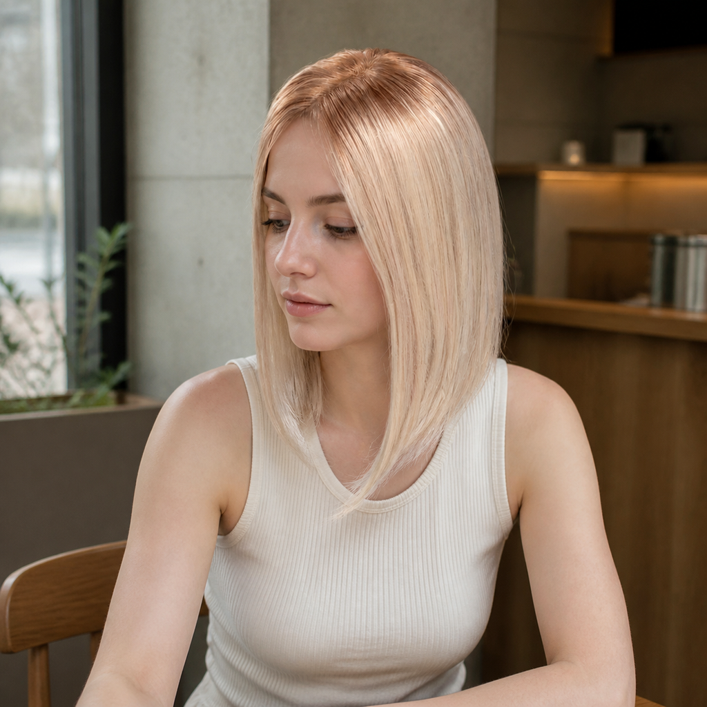 14-inch rooted platinum blonde straight hair topper worn seated in a cafe