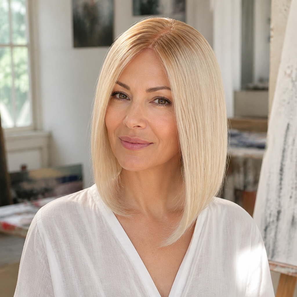 14-inch rooted platinum blonde straight hair topper worn in a bright studio
