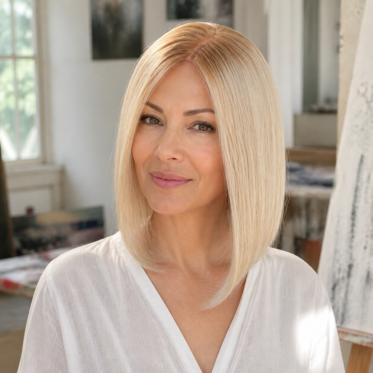 14-inch rooted platinum blonde straight hair topper worn in a bright studio