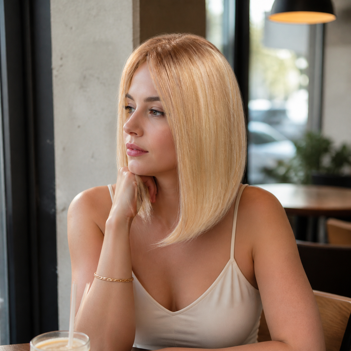 14-inch rooted pastel blonde straight hair topper worn beside a cafe window