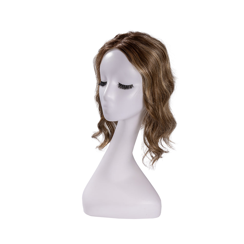 14-inch rooted caramel brown wavy hair topper on a mannequin, showing the parting and shape