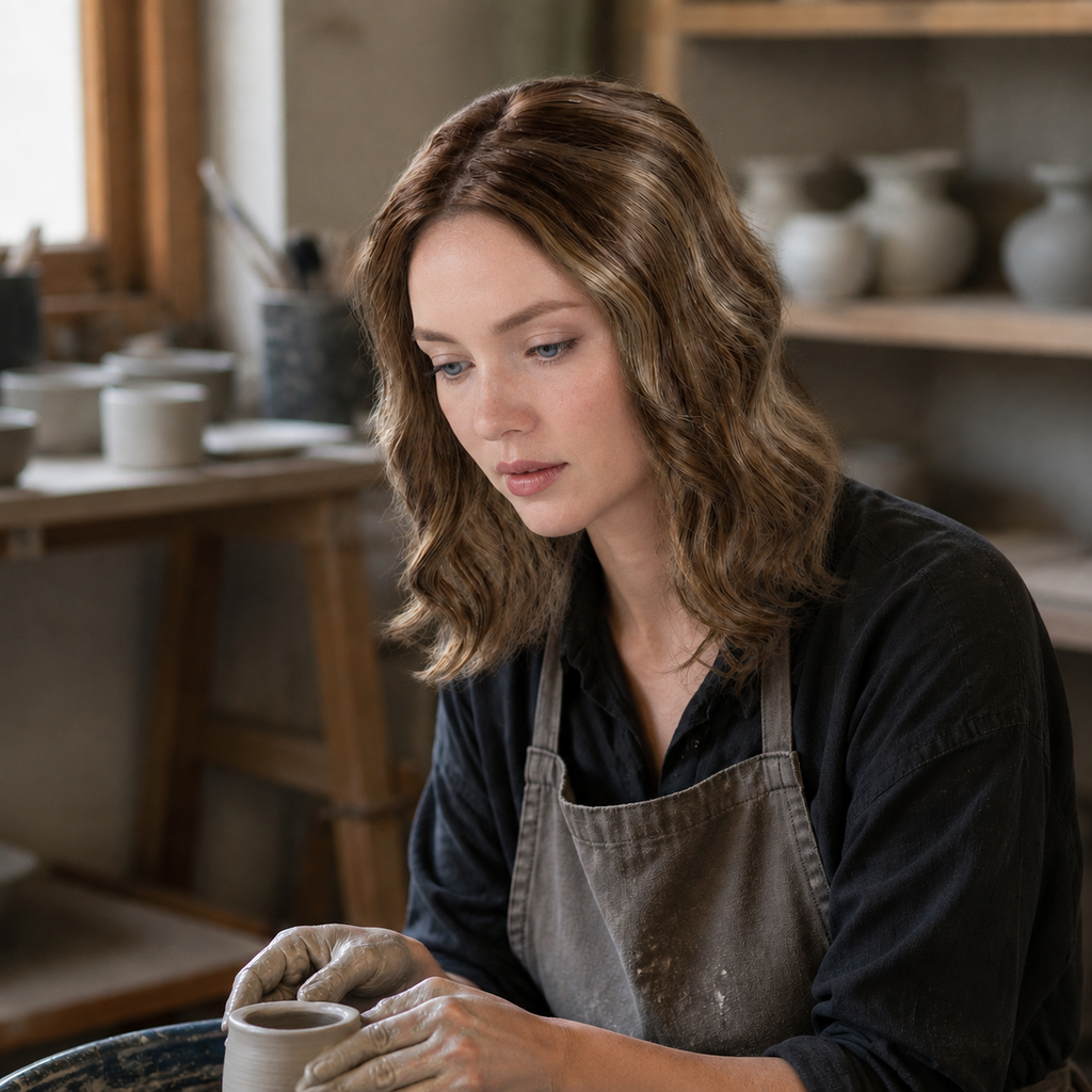 14-inch rooted caramel brown wavy hair topper worn in a pottery studio