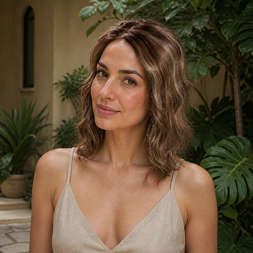 14-inch rooted caramel brown wavy hair topper worn in a leafy courtyard