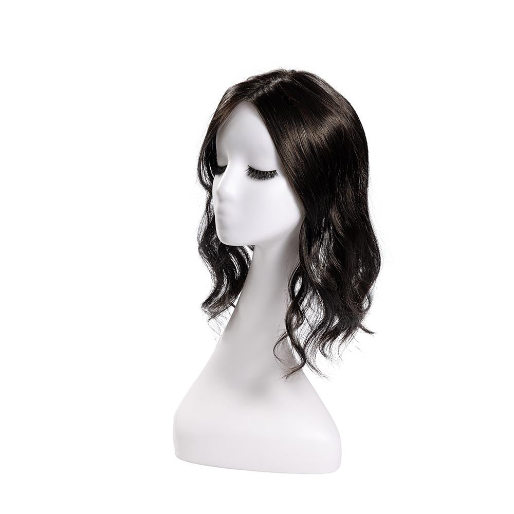 14-inch black wavy hair topper on a mannequin, showing the parting and shape