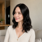 14-inch black wavy hair topper worn seated on a sofa