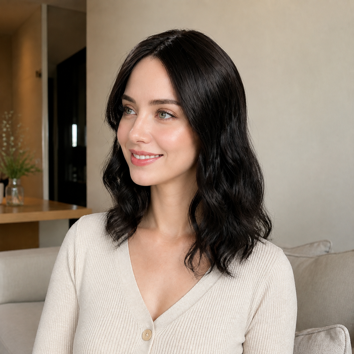 14-inch black wavy hair topper worn seated on a sofa