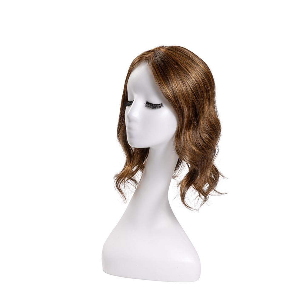 14-inch chocolate brown wavy hair topper on a mannequin, showing the parting and shape