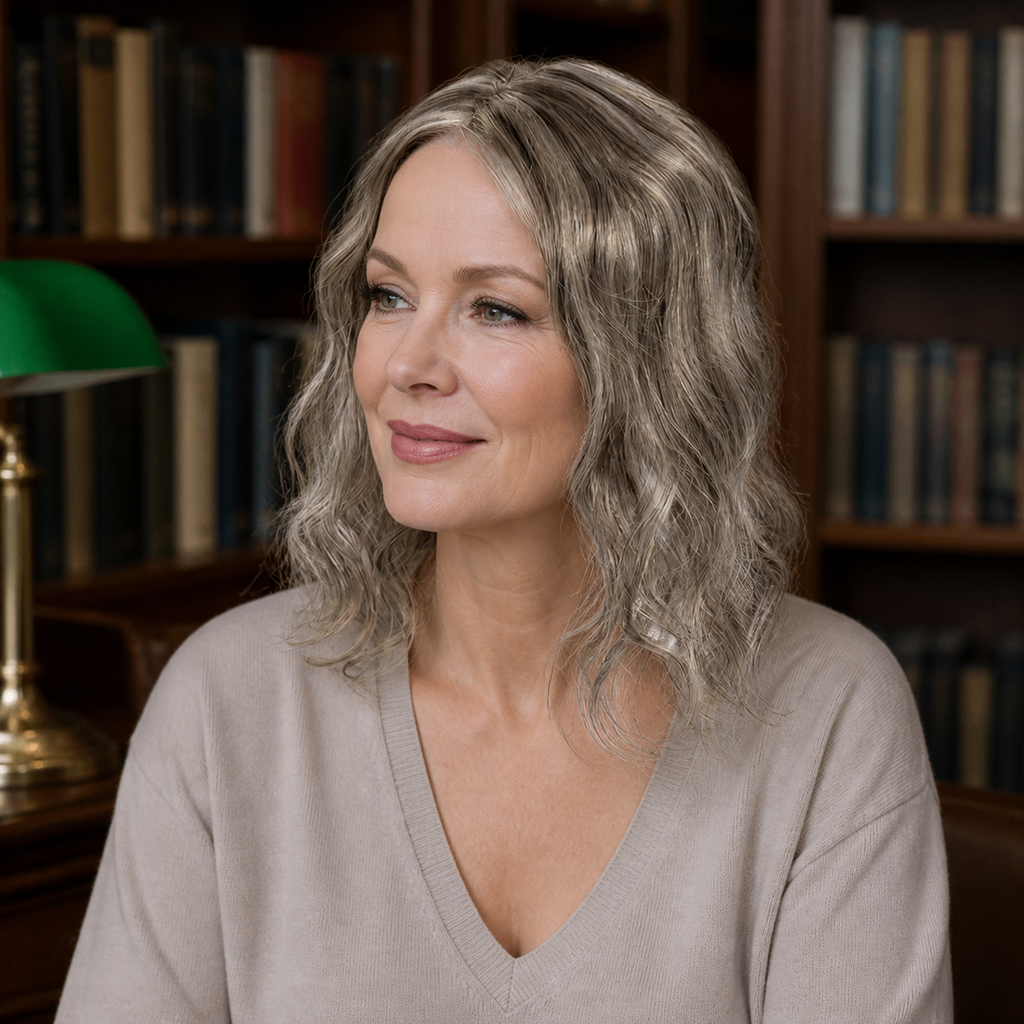 14-inch grey wavy hair topper worn in a library