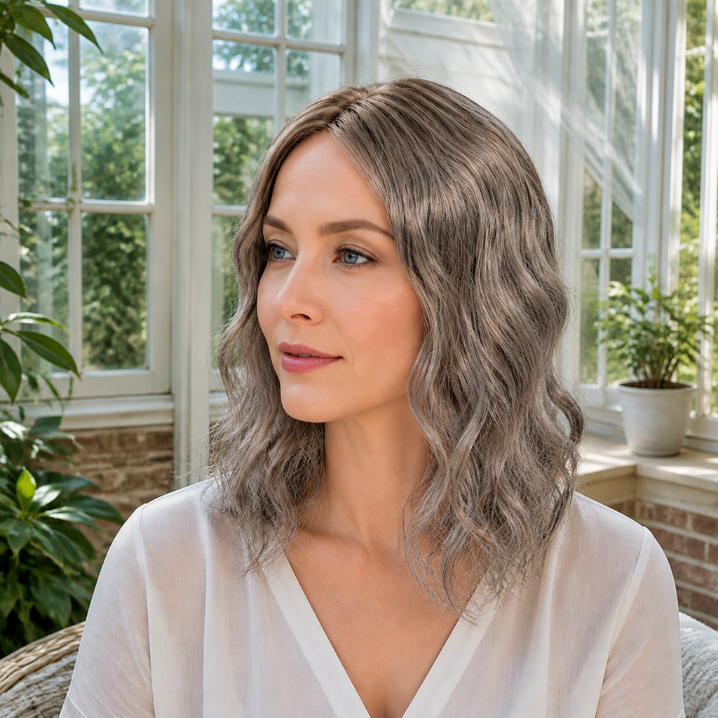 14-inch grey wavy hair topper worn in a conservatory