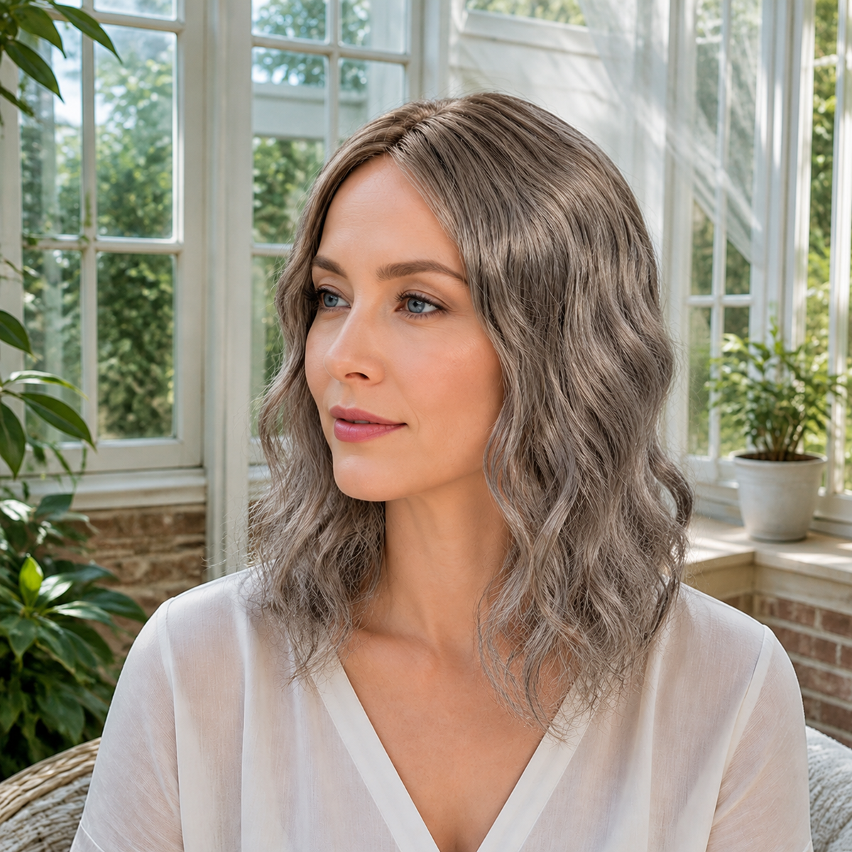 14-inch grey wavy hair topper worn in a conservatory