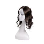 14-inch dark brown wavy hair topper on a mannequin, showing the parting and shape
