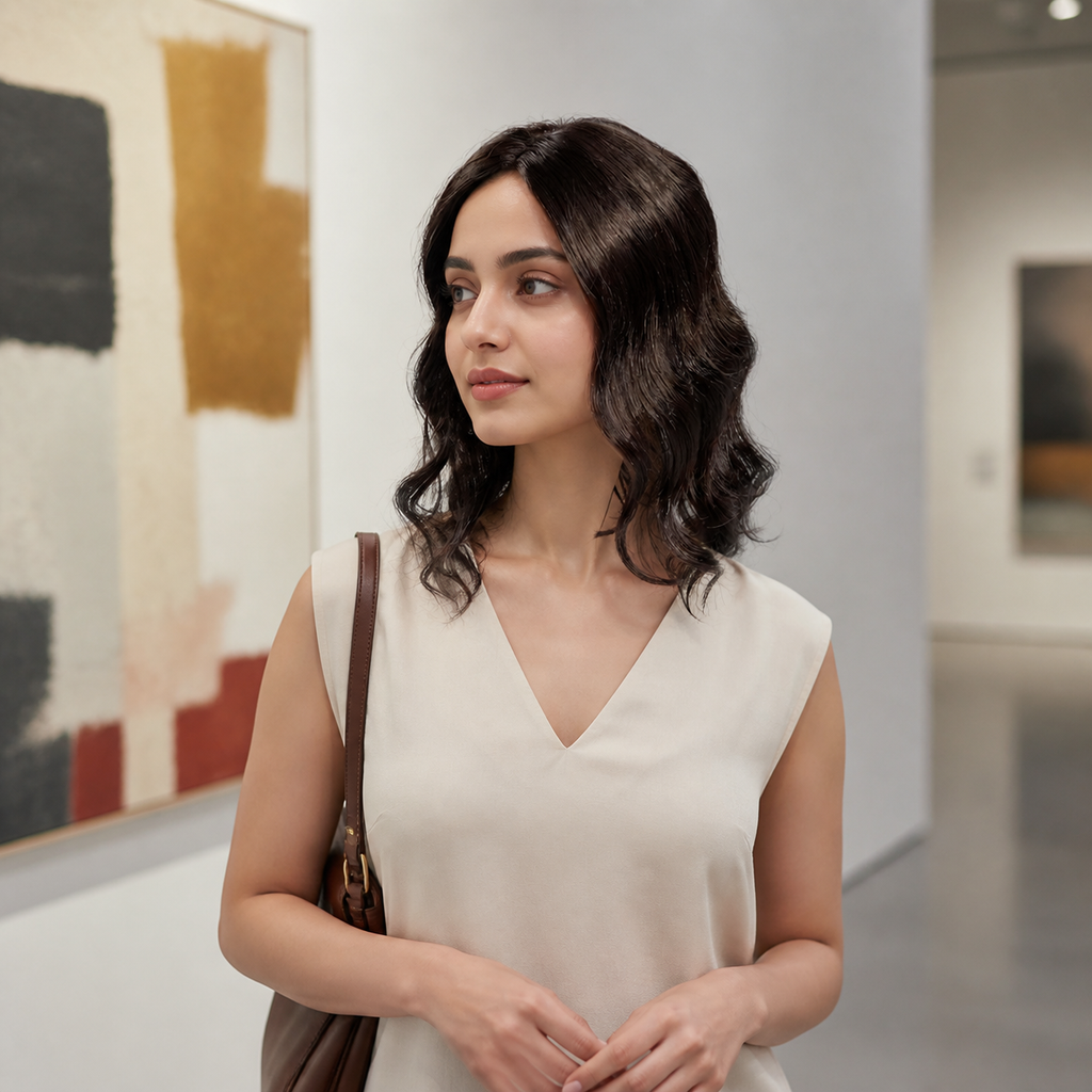 14-inch dark brown wavy hair topper worn in an art gallery