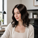 14-inch dark brown wavy hair topper worn at a home-office desk