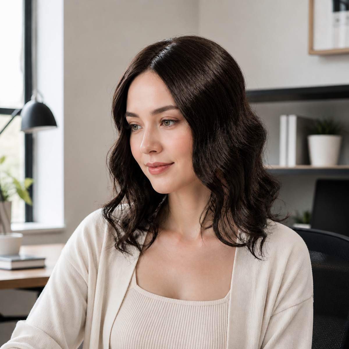 14-inch dark brown wavy hair topper worn at a home-office desk
