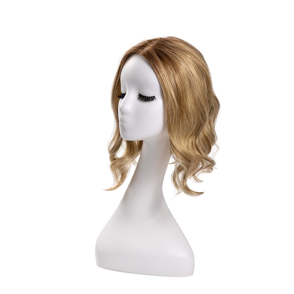 14-inch rooted champagne blonde wavy hair topper on a mannequin, showing the parting and shape