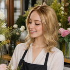 14-inch rooted champagne blonde wavy hair topper worn in a flower shop