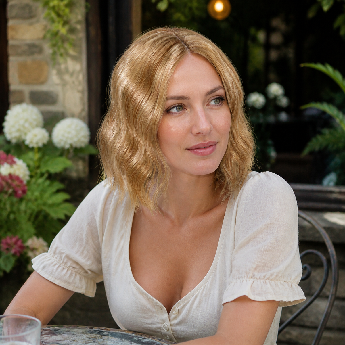 12-inch honey blonde wavy hair topper worn on a garden patio