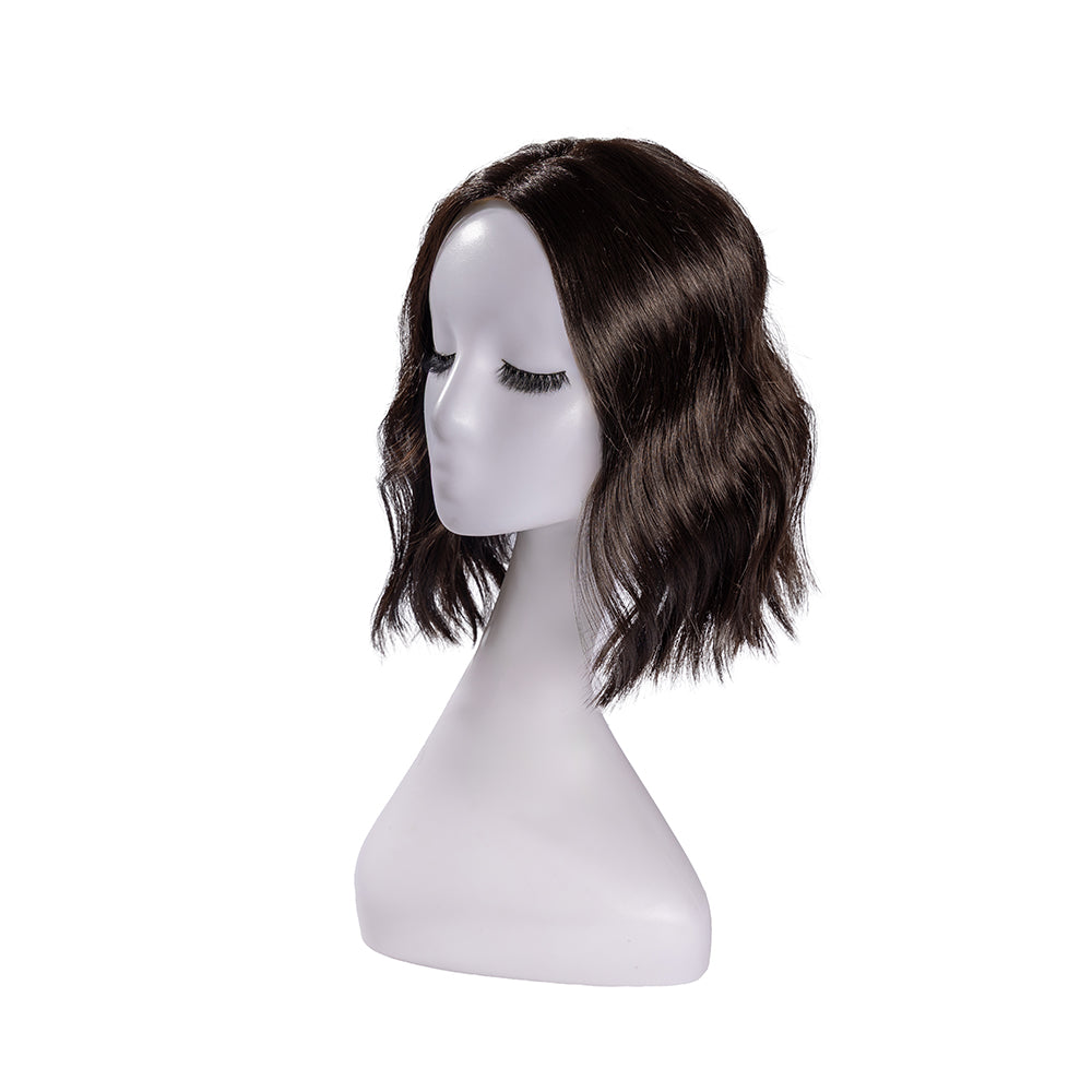 12-inch black wavy hair topper on a mannequin, showing the parting and shape