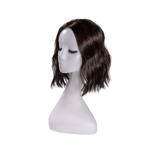 12-inch black wavy hair topper on a mannequin, showing the parting and shape