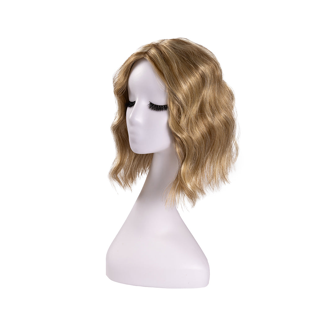 12-inch champagne blonde wavy hair topper on a mannequin, showing the parting and shape