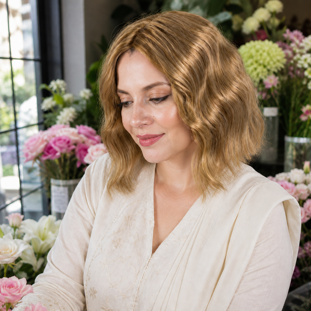 12-inch champagne blonde wavy hair topper worn in a flower shop