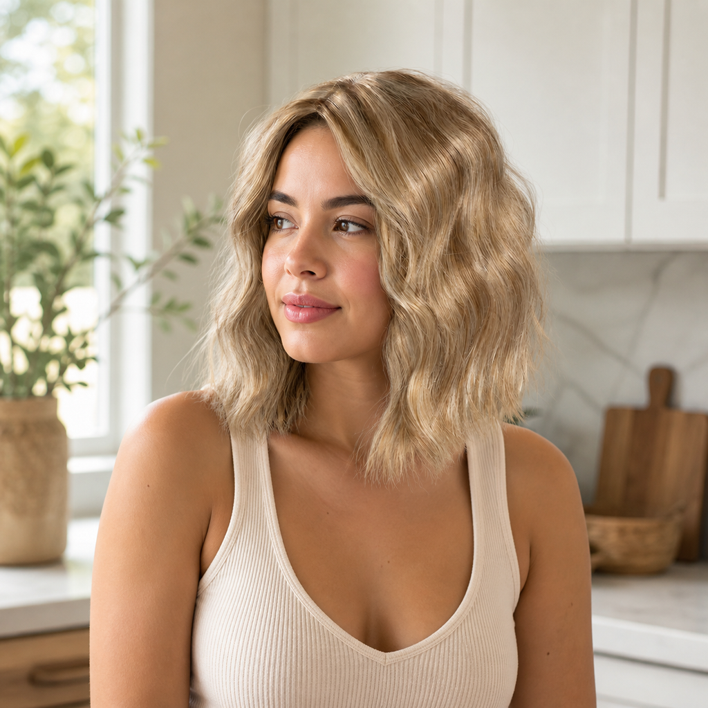 12-inch champagne blonde wavy hair topper worn in a bright kitchen