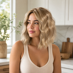 12-inch champagne blonde wavy hair topper worn in a bright kitchen