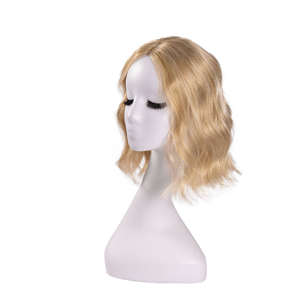 12-inch pastel blonde wavy hair topper on a mannequin, showing the parting and shape