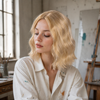12-inch pastel blonde wavy hair topper worn in an art studio