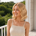 12-inch pastel blonde wavy hair topper worn on a porch