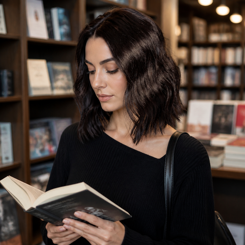12-inch black wavy hair topper worn reading in a bookshop