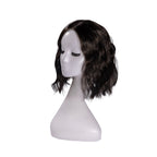 12-inch dark brown wavy hair topper on a mannequin, showing the parting and shape