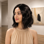 12-inch dark brown wavy hair topper worn in an art gallery