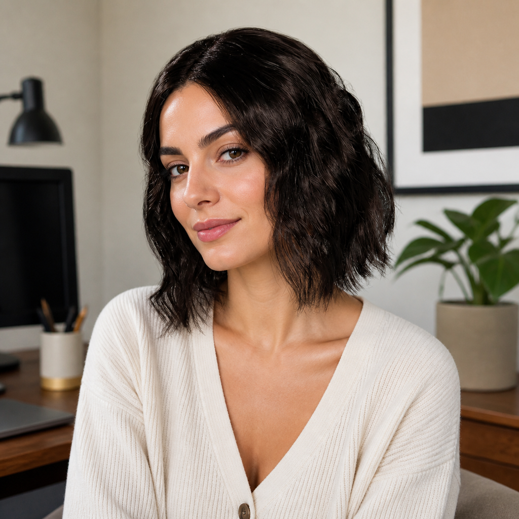 12-inch dark brown wavy hair topper worn at a desk