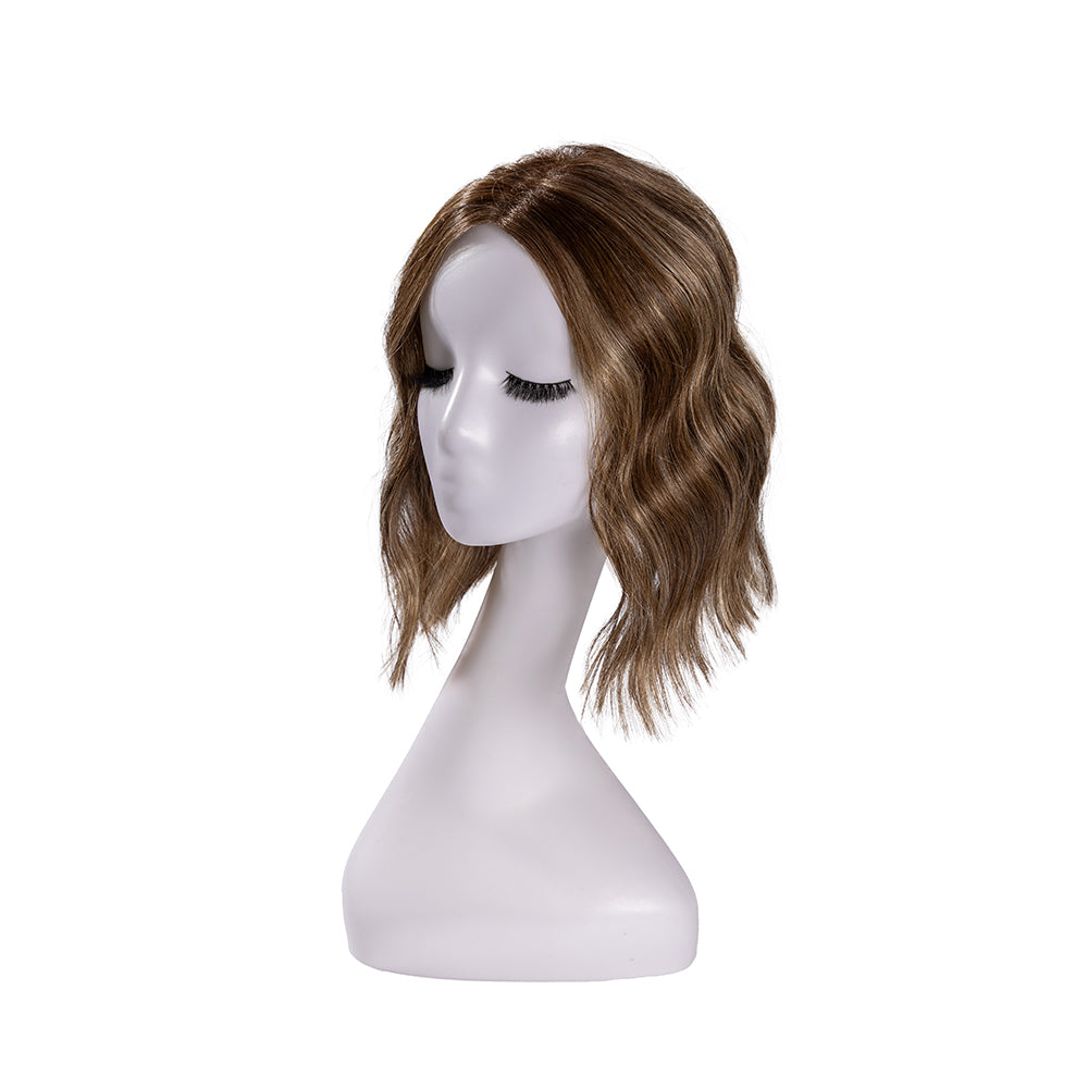 12-inch rooted caramel brown wavy hair topper on a mannequin, showing the parting and shape