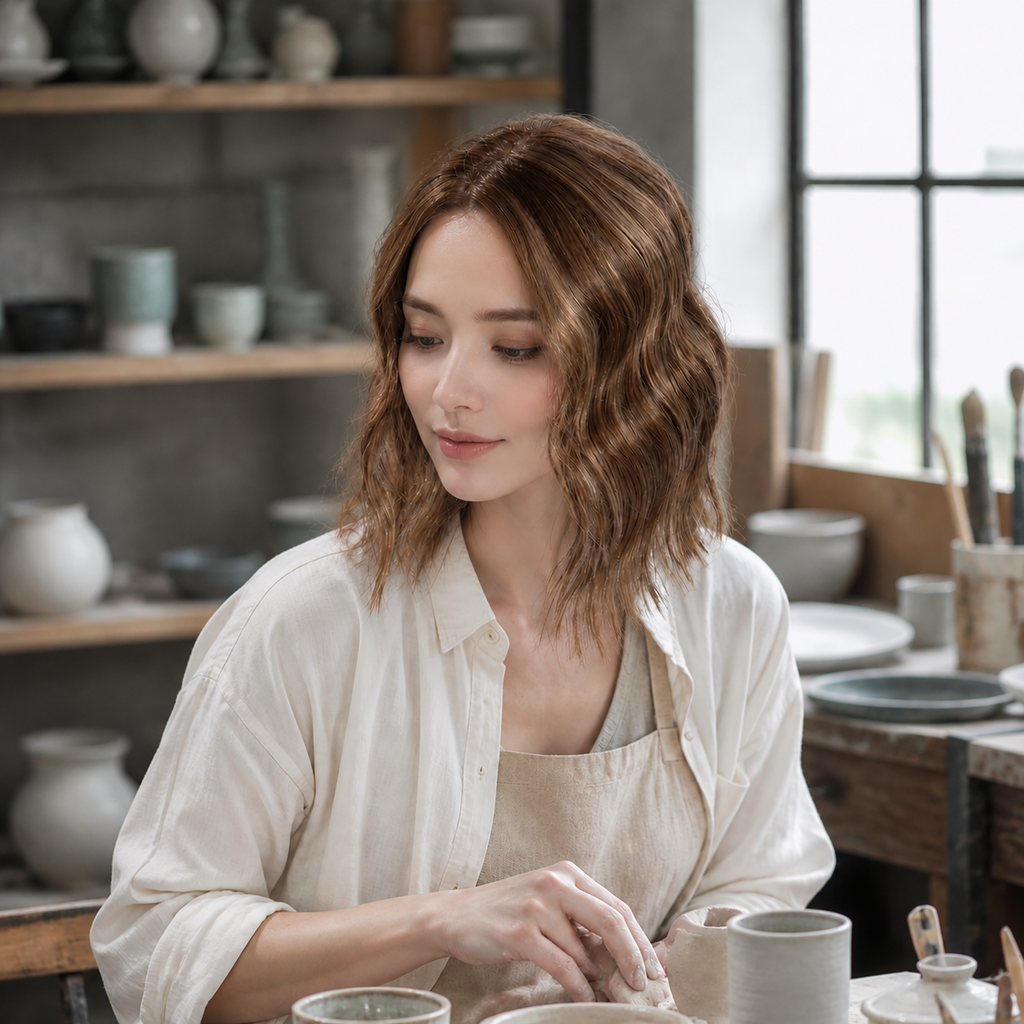12-inch rooted caramel brown wavy hair topper worn in a pottery studio